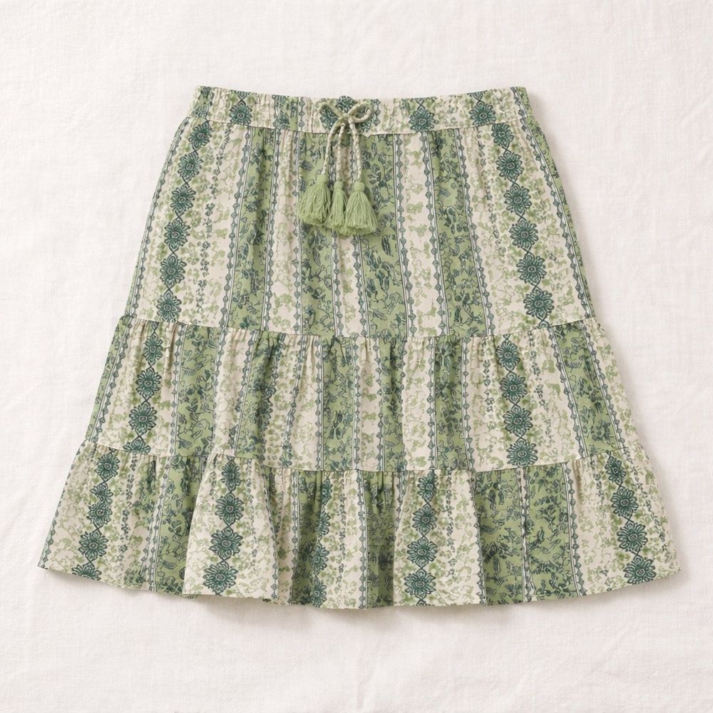 J. Jill Green Tiered Boho Mini Skirt Small Tassel Drawstring Boho Cottagecore